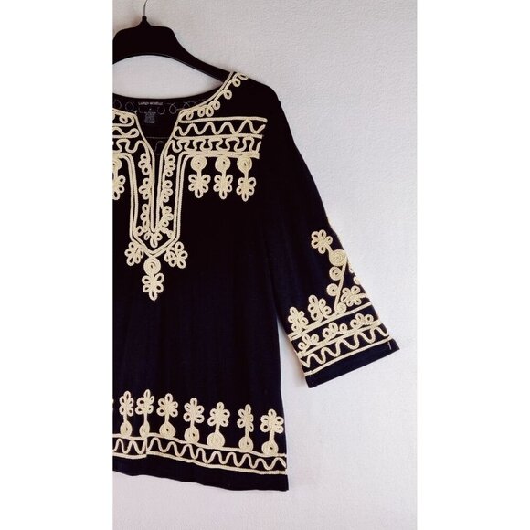 Lauren Michelle Tunic Top Embroidered Loops Flowers Soft Stretch 3/4 Sleeve Boho - Picture 3 of 7